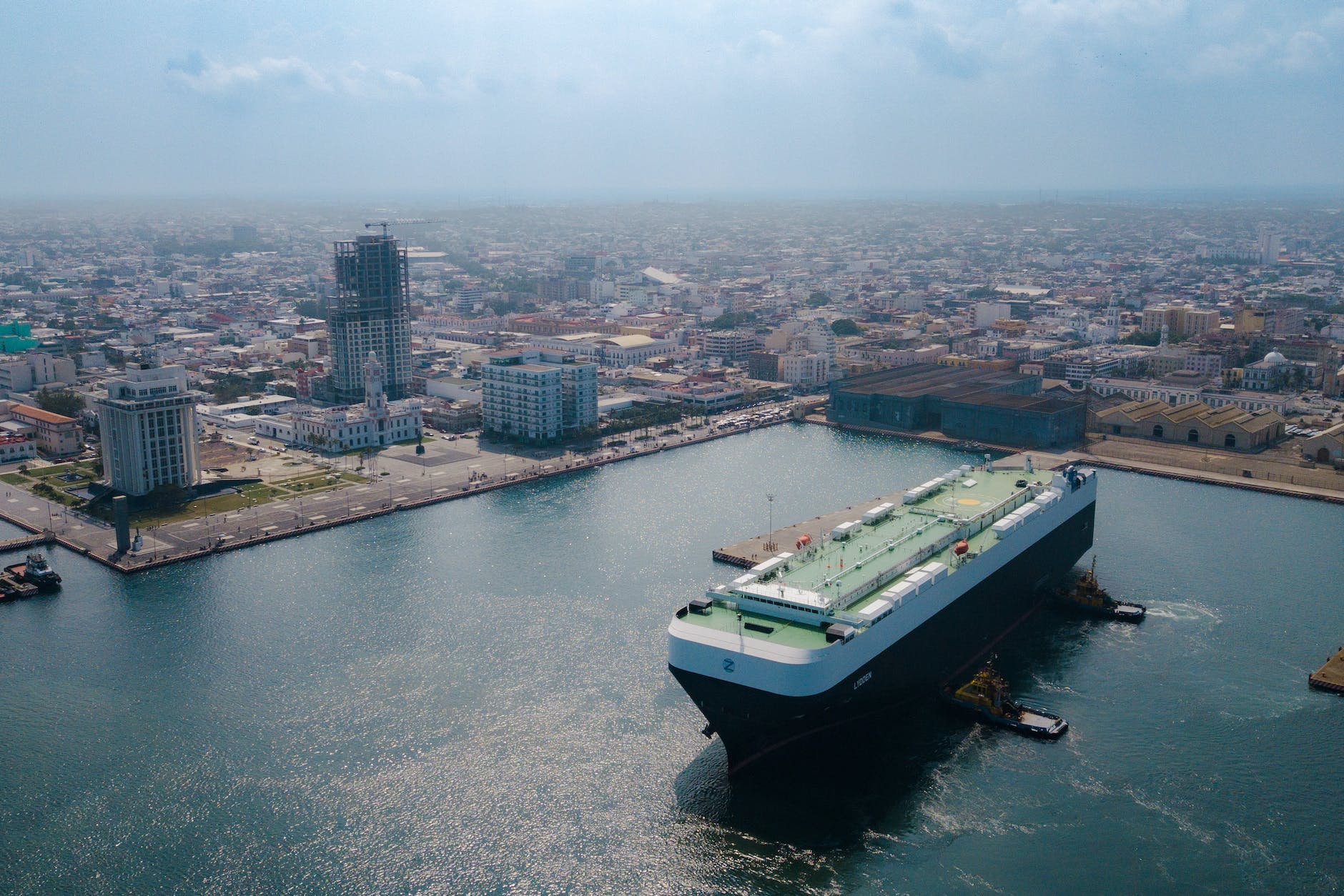 an aerial view of a large ship in the water