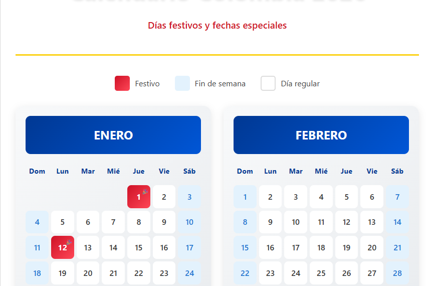 CALENDARIO COLOMBIA 2026